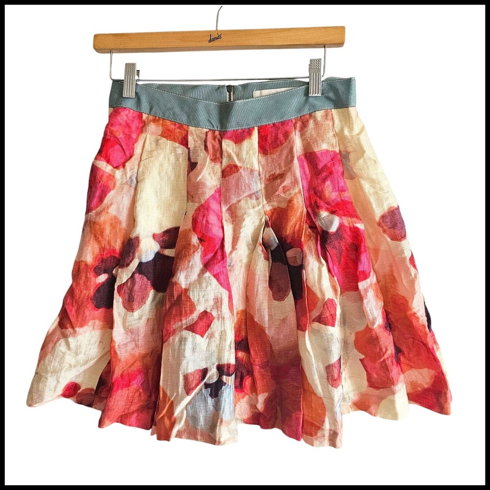 LOFT Floral Print Pleated Skirt Linen Blend Casual Party Size 0